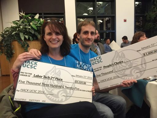 My kids, Aly and Sean, with their big winning checks at the UCSC Hackathon in 2016